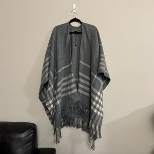 Indigo light grey and light blue plaid tassel oversized scarf blanket shawl